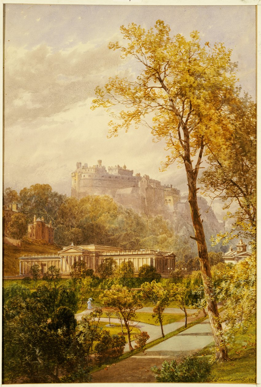 Näkymä Princes Street Gardensista ja National Gallerysta, Edinburgh länteen kohti linnaa, 1855 tekijältä James Burrell Smith
