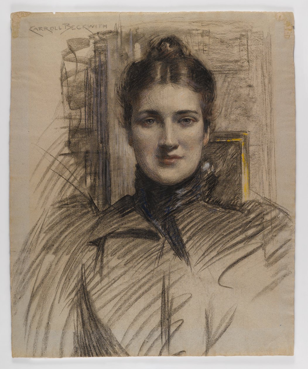 Muotokuva Minnie Clarkista, 1890-luku (hiili värikynällä tai pastelli harmaasinisellä paperilla) tekijältä James Carroll Beckwith