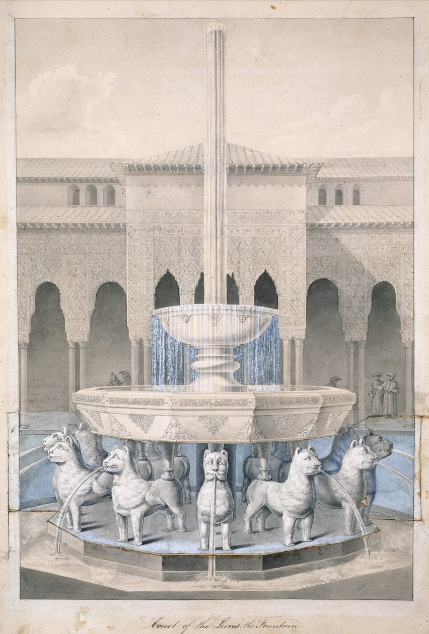 Fountain in the Court of the Lions, Alhambra, Arabian Antiquities of Spain, julkaistu 1815 (käsinvärinen kaiverrus) tekijältä James Cavanagh Murphy