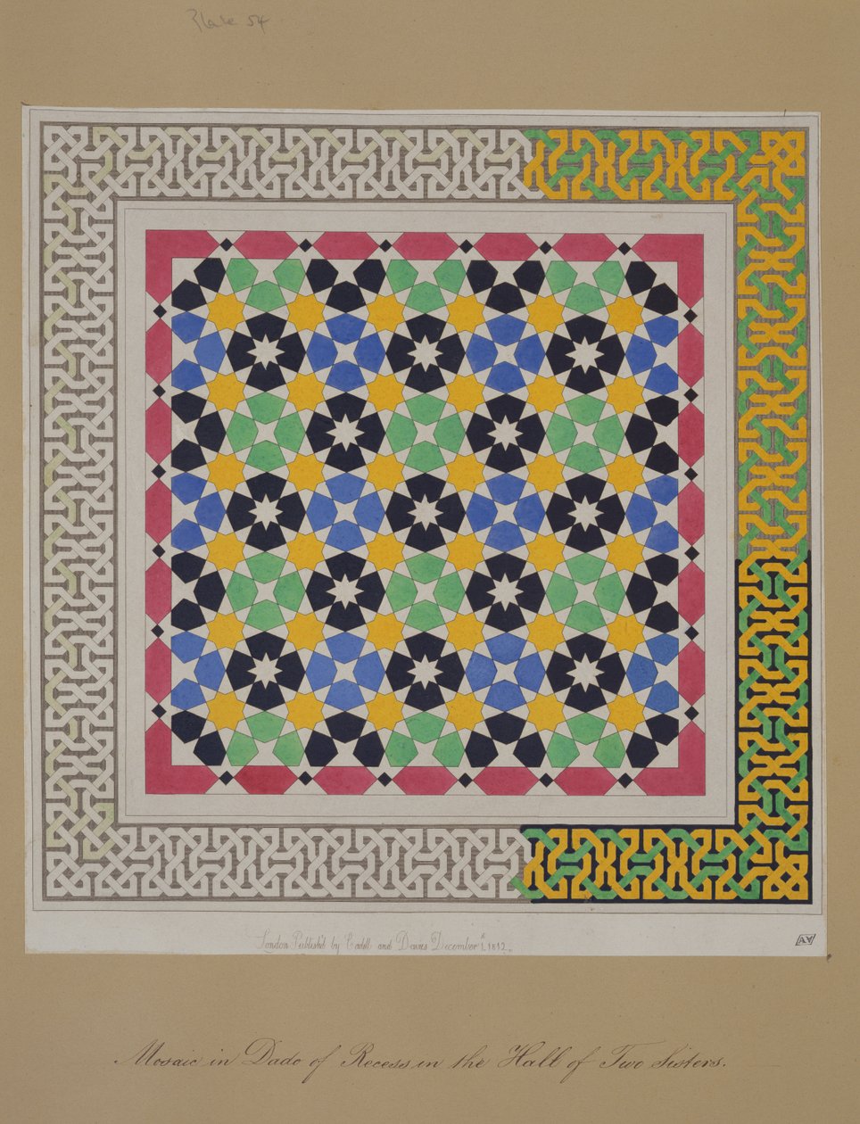 Mosaic in dado of recess in the Hall of Two Sisters, Alhambra, The Arabian Antiquities of Spain, julkaistu 1812 tekijältä James Cavanagh Murphy