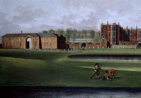 Näkymä Temple Newsam Housesta, yksityiskohta ratsastuskoulusta, n. 1750 (öljy kankaalle) (katso myös 128852) tekijältä James Chapman