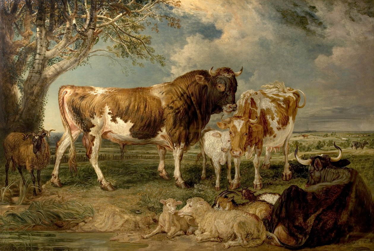 Härkä, lehmä ja vasikka maisemassa, 1837 tekijältä James Charles Ward