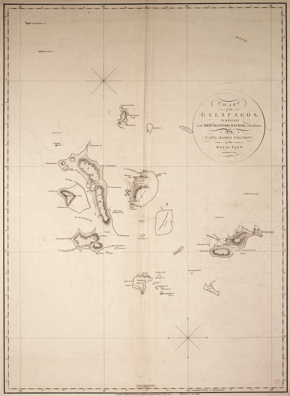 Galapagos-saarten kartta, jonka on laatinut kuninkaallisen laivaston kapteeni James Colnett ja joka on mitattu Rattler-kauppalaivalla. Korjaukset vuoteen 1832. tekijältä James Colnett