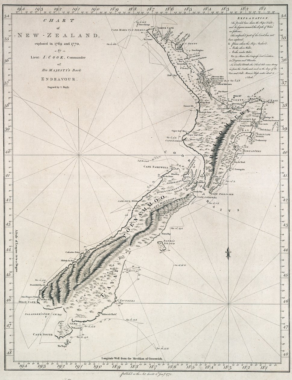 Uuden-Seelannin kartta, jonka Hänen Majesteettinsa laivan Endeavourin komentaja luutnantti J. Cook tutki vuosina 1769 ja 1770. tekijältä James Cook