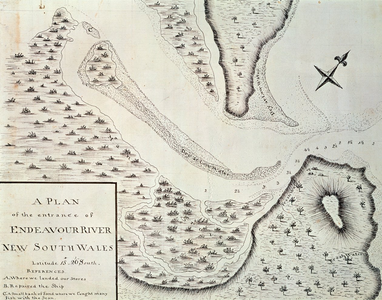 Kartta Endeavour-joen sisäänkäynnistä, kartta ensimmäisestä James Cookin (1728-1779) johtamasta matkasta vuosina 1768-1771, Australia tekijältä James Cook