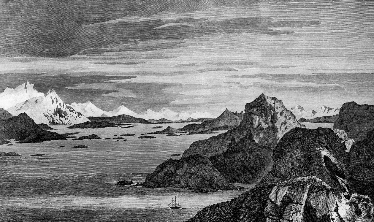 Näkymä Christmas Soundista, Tierra del Fuego, piirustus William Hodges, kaiverrus William Watts, kuvitus Matkasta etelänavalle, ja Round World, James Cook (1728-1779), painos julkaistiin Pariisissa vuonna 1778 tekijältä James Cook