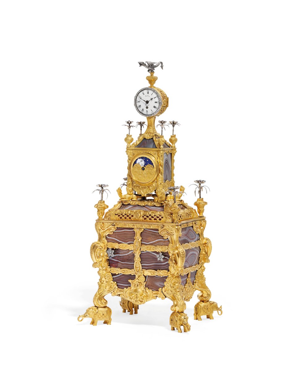 George III:n musiikillinen kellopöytäkello, n. 1766 (ormolu, hopea ja akaatti) (katso myös 1860) tekijältä James Cox