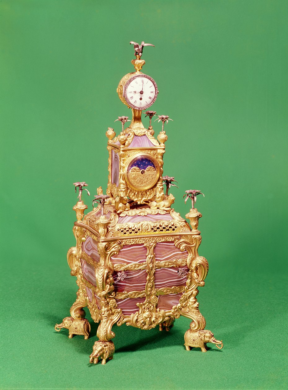 George III:n musiikillinen kellopöytäkello, n. 1766 (ormolu, hopea ja akaatti) (katso myös 829810) tekijältä James Cox