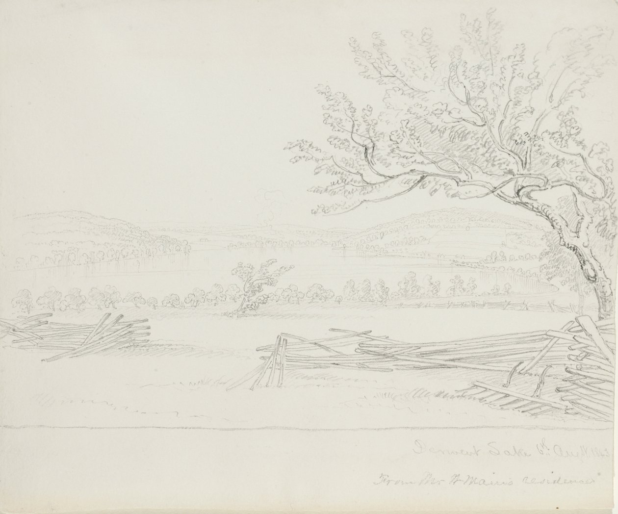 Derwent Lake Mr. W. Mains Residencestä, 1843 (grafiitti kermanvärisellä paperilla) tekijältä James David Smillie