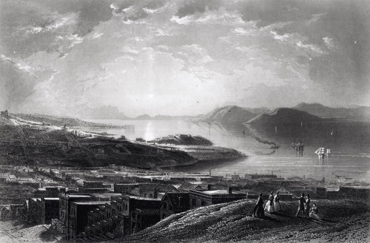 Golden Gate, Telegraph Hill, elokuvasta "Picturesque America", William Cullen Bryant, kaiverrus Edward Paxman Brandard (1819-98) n. 1873 tekijältä James David Smillie