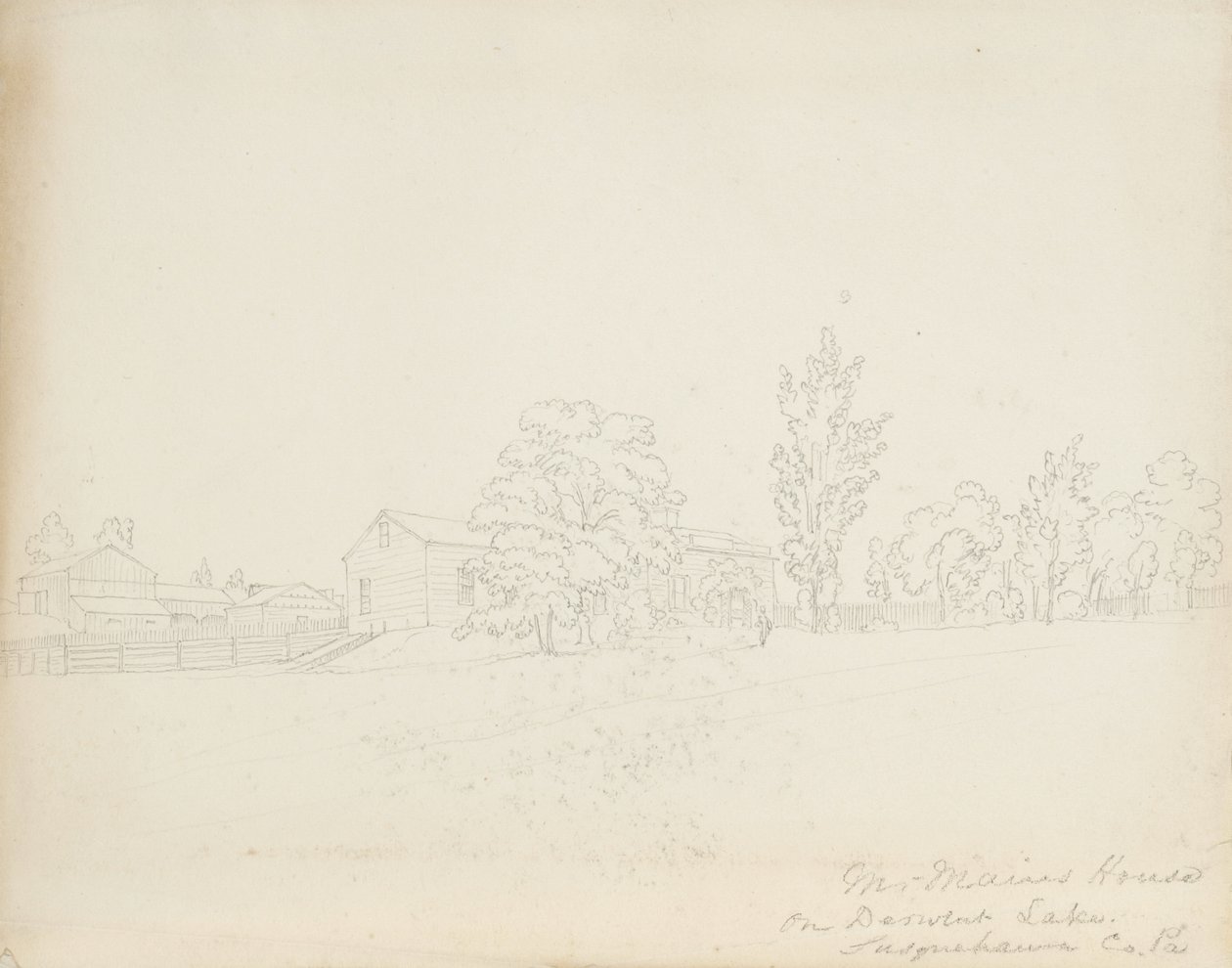 Mr. Mains House Derwent Lakella, Susquehanna Co. Pa., 1843 (grafiitti kermanvärisellä paperilla) tekijältä James David Smillie
