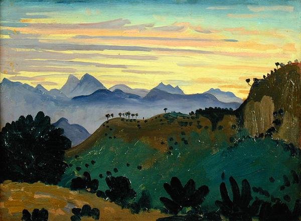 Auringonlasku, Sierra da Ronda, n. 1912 (öljy paneelille) tekijältä James Dickson Innes