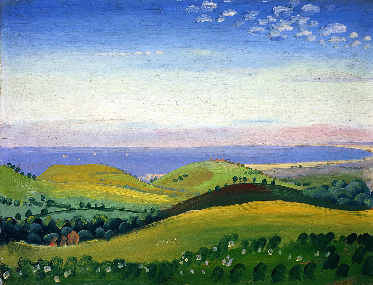 Näkymä White Hartista, Guestling, Sussex, noin 1911-12 (öljy paneelille). tekijältä James Dickson Innes
