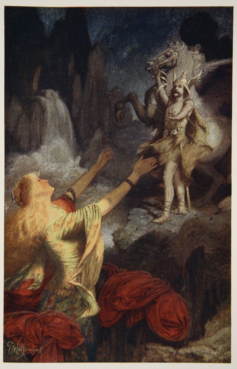 Hundingsbanes palaa Valhaliin, kuva Donald A. Makenzien teoksesta "Teutoniset myytit ja legendat", 1890 tekijältä James Doyle Penrose