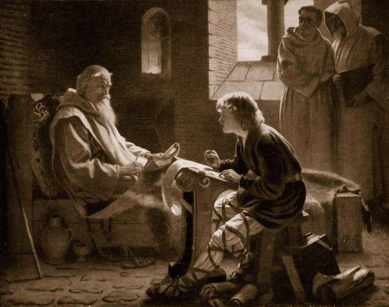The Venerable Bede kääntää evankeliumia, kuvitus "Hutchinsonin tarinasta brittiläisestä kansasta", n. 1920 (litho) tekijältä James Doyle Penrose