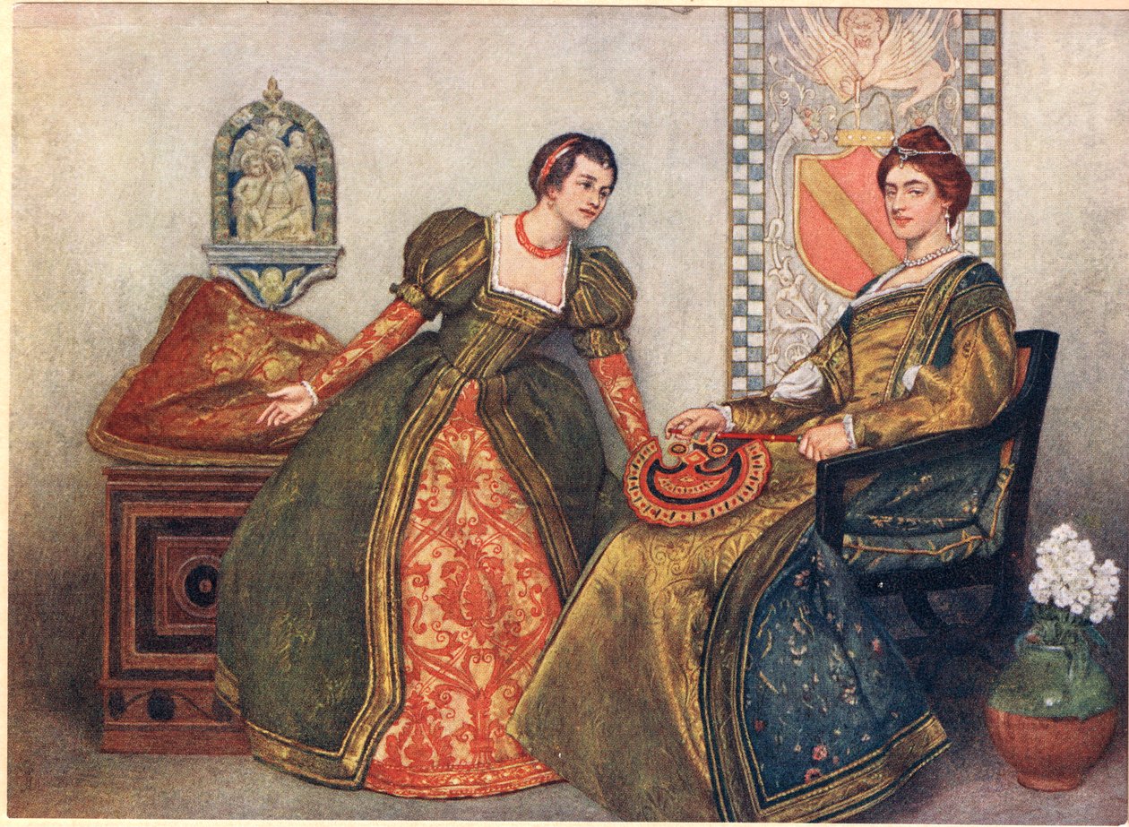 Portia ja Nerissa, kuvitus teoksesta "Venetsialainen kauppias", n. 1910 tekijältä James Dromgole Linton