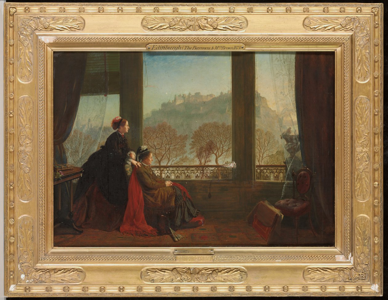 Paronitar Burdett Couttsin ja hänen seuralaisensa rouva Brownin muotokuva Edinburghissa, 1874, tekijältä James Drummond