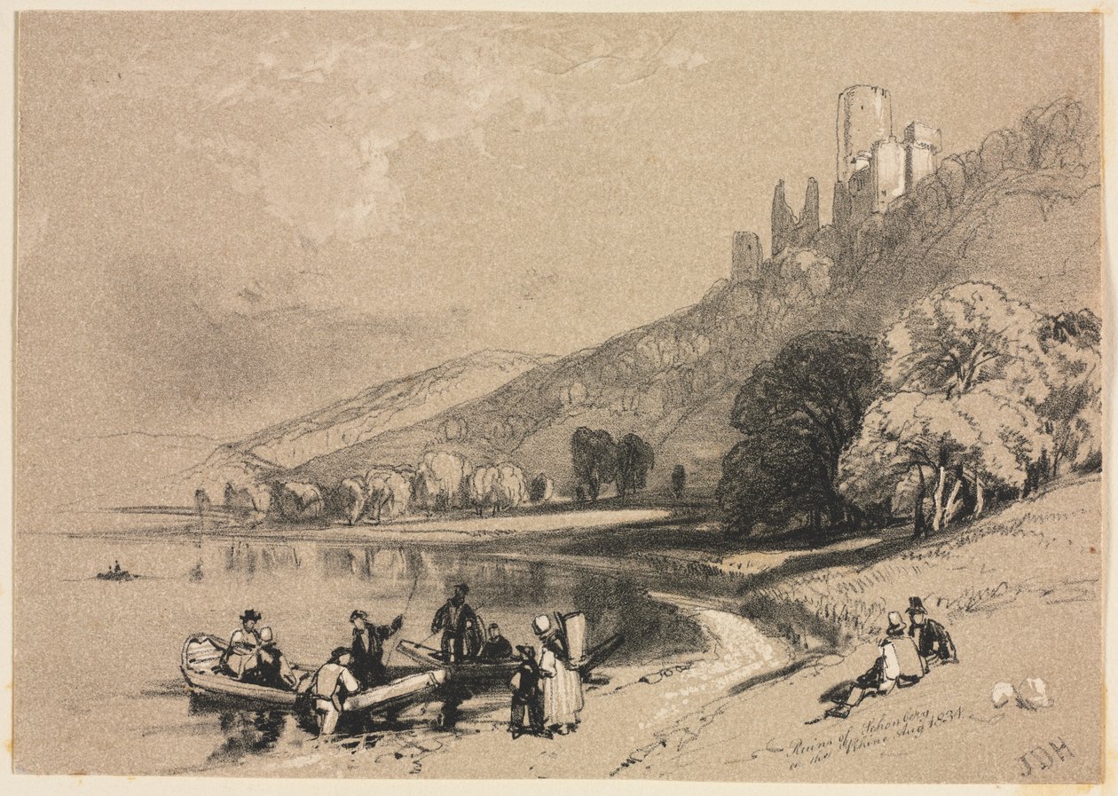 Luonnoksia kotona ja ulkomailla: Schonbergin rauniot Reinillä, 1834. tekijältä James Duffield Harding