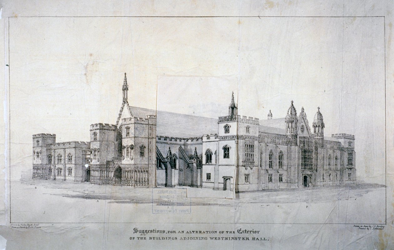 Muutosehdotuksia Westminster Hallin vieressä oleviin rakennuksiin, Lontoo, n. 1825. tekijältä James Duffield Harding