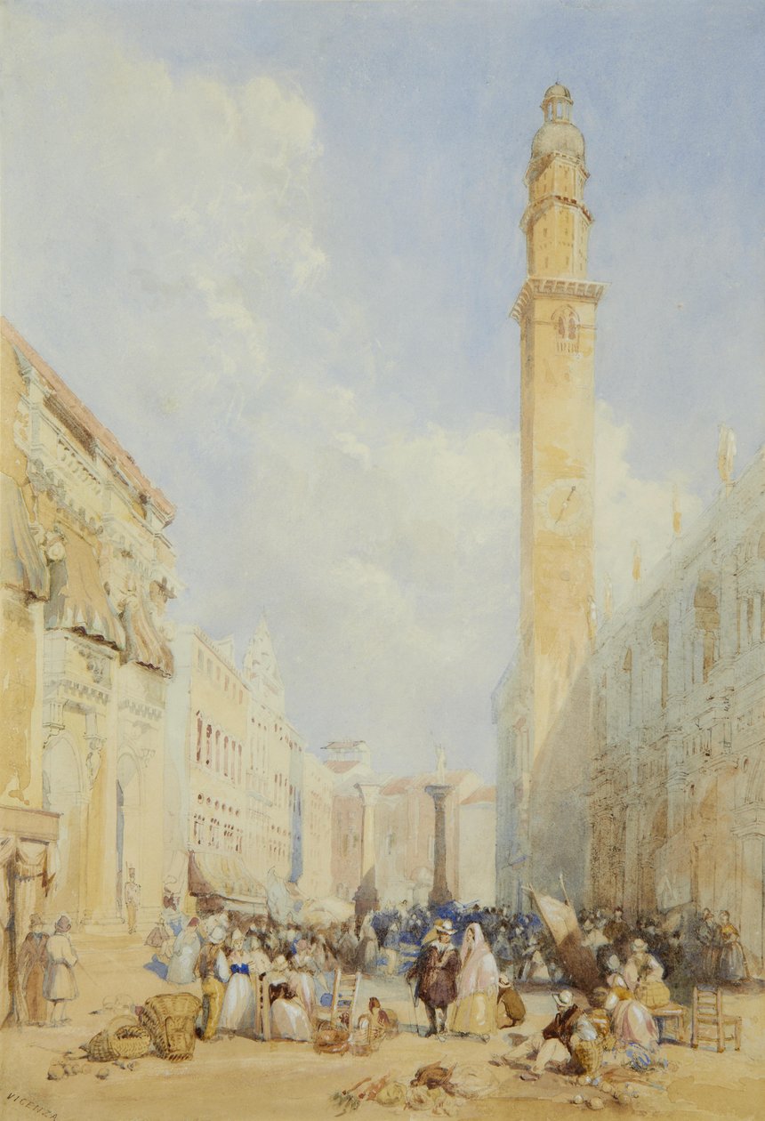 Vicenza; kaiverrettu "VICENZA" (vasemmalla); vesiväri lyijykynällä ja korotettu valkoisella ja vartalovärillä 40 x 27,5 cm tekijältä James Duffield Harding