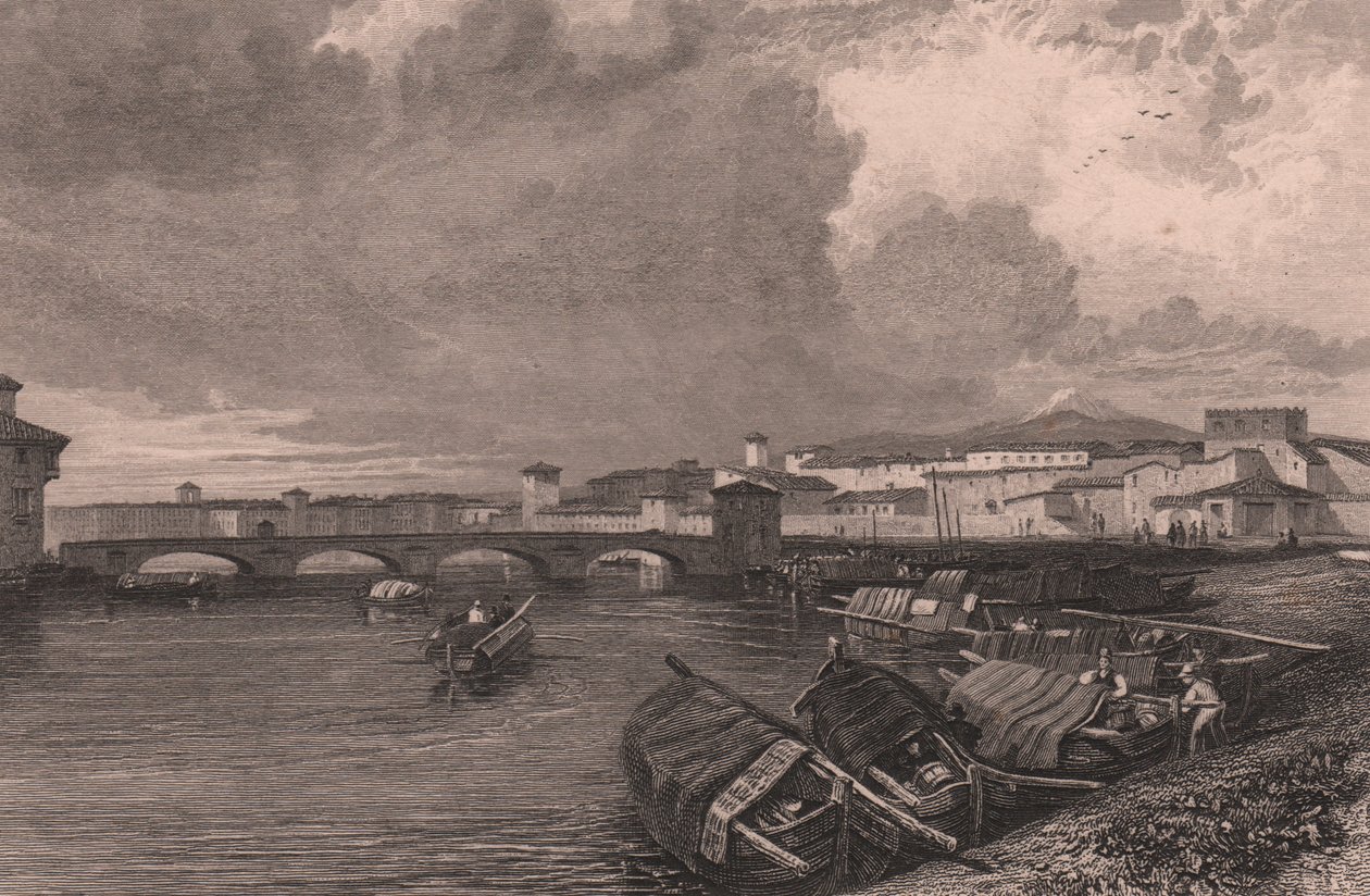 Näkymä Arno-joelle Pisassa, Toscanassa, Italiassa, Thomas Highamin (1796-1844) teräskaiverrus James Duffield Hardingin (1798-1863) piirtämänä tekijältä James Duffield Harding