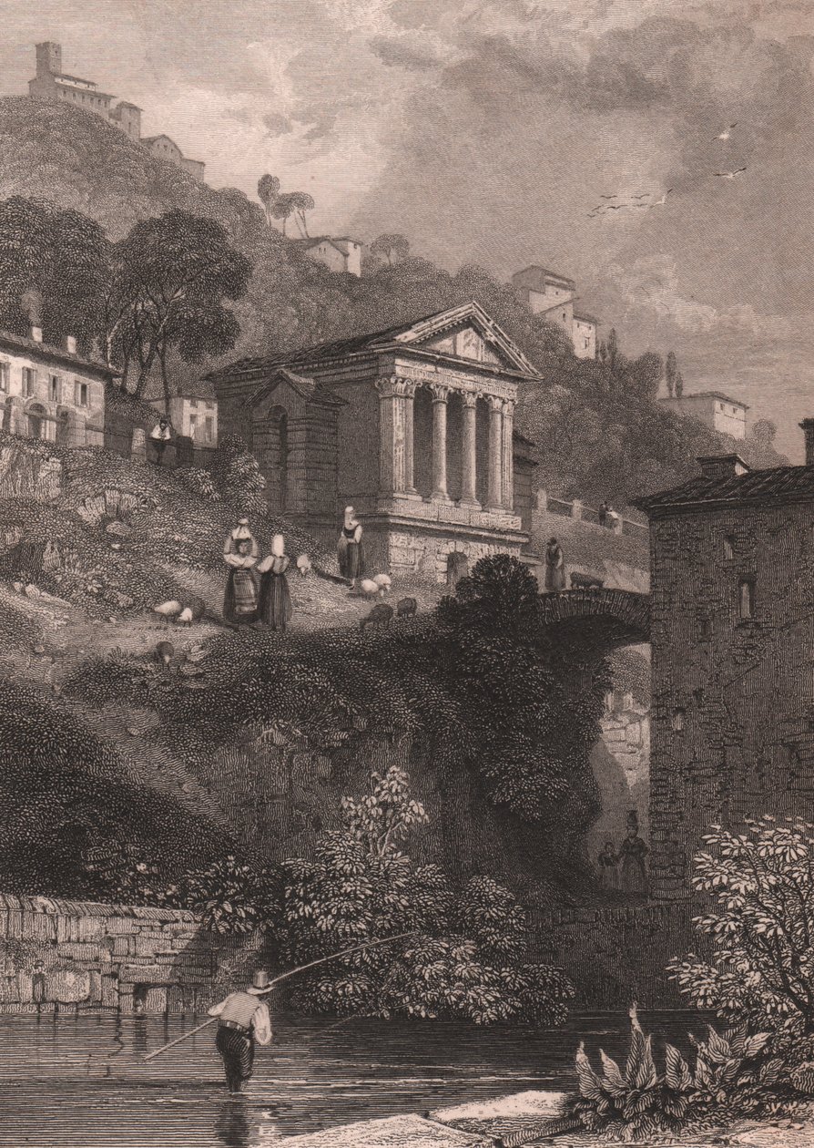 Näkymä Clitumnuksen temppelistä Clitunno-joen varrella lähellä Campello sul Clitunnoa, Umbria, Italia, Jordanin teräskaiverrus James Duffield Hardingin (1798-1863) piirtämänä, noin 10, 5x15 cm tekijältä James Duffield Harding