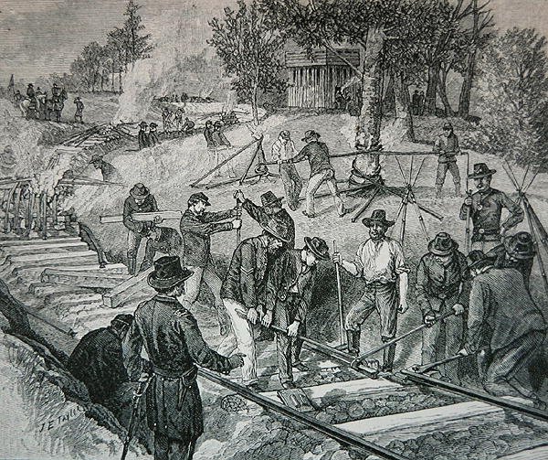 Joukot tuhoavat rautatien (kaiverrus) tekijältä James E. Taylor