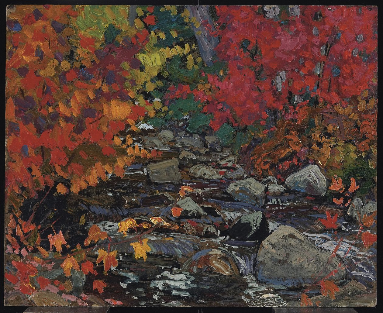 Autumn Leaves, Batchewana, Algoma, n. 1919 (öljy komposiittipuumassalevylle) tekijältä James Edward Hervey Macdonald