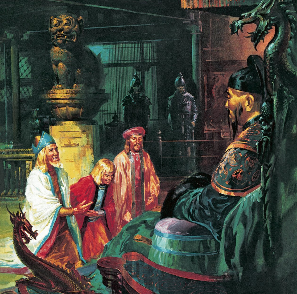 Marco Polo Kublai Khanin edessä, 20. vuosisata (litografia). tekijältä James Edwin McConnell