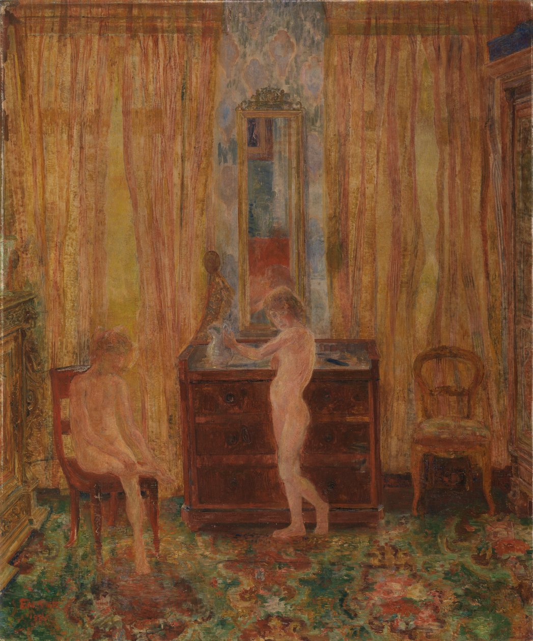 Lapset aamukäymälässä (lasten pukeutuminen) 1886 (öljy kankaalle) tekijältä James Ensor
