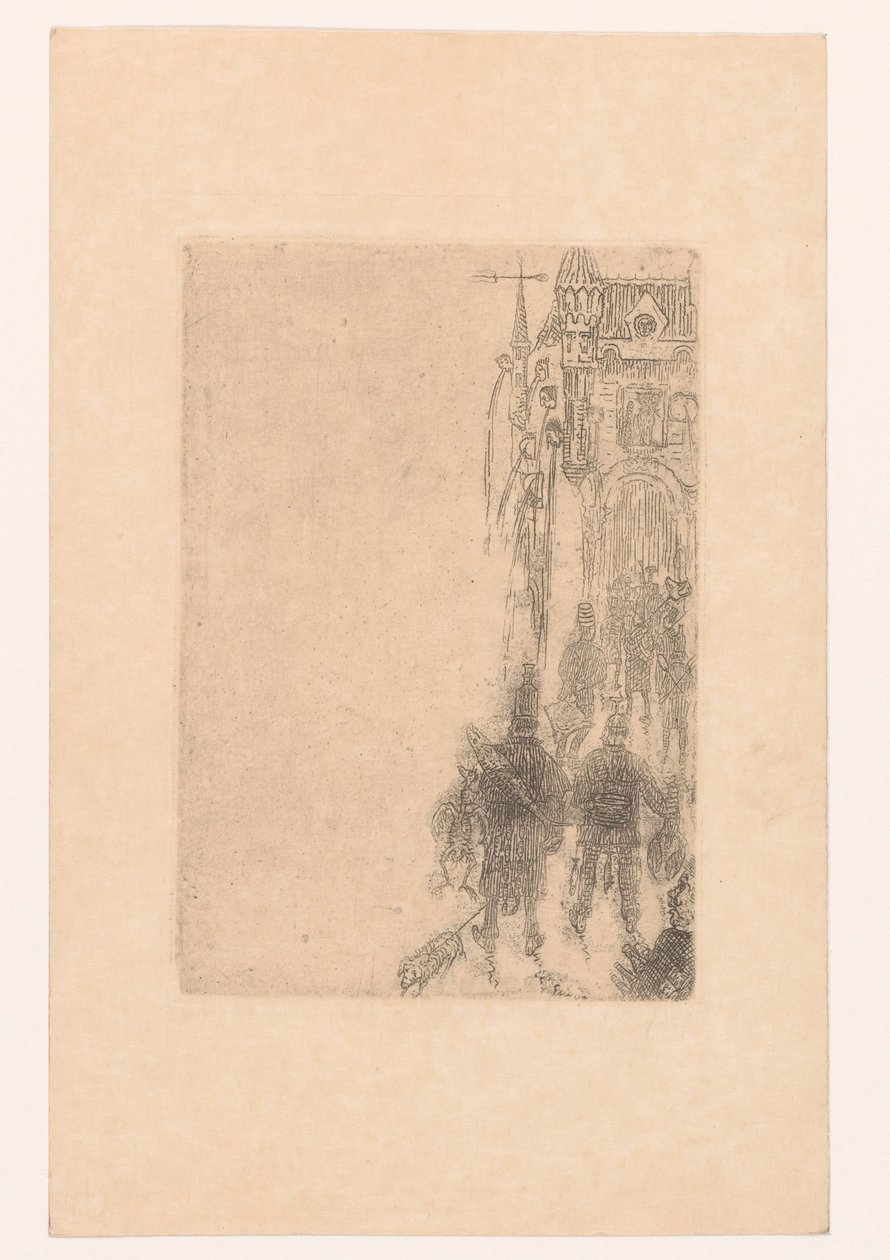 Figuurit kävelevät kohti porttia, jossa on lihaa ja kalaa Valikko Charles Vos tekijältä James Ensor
