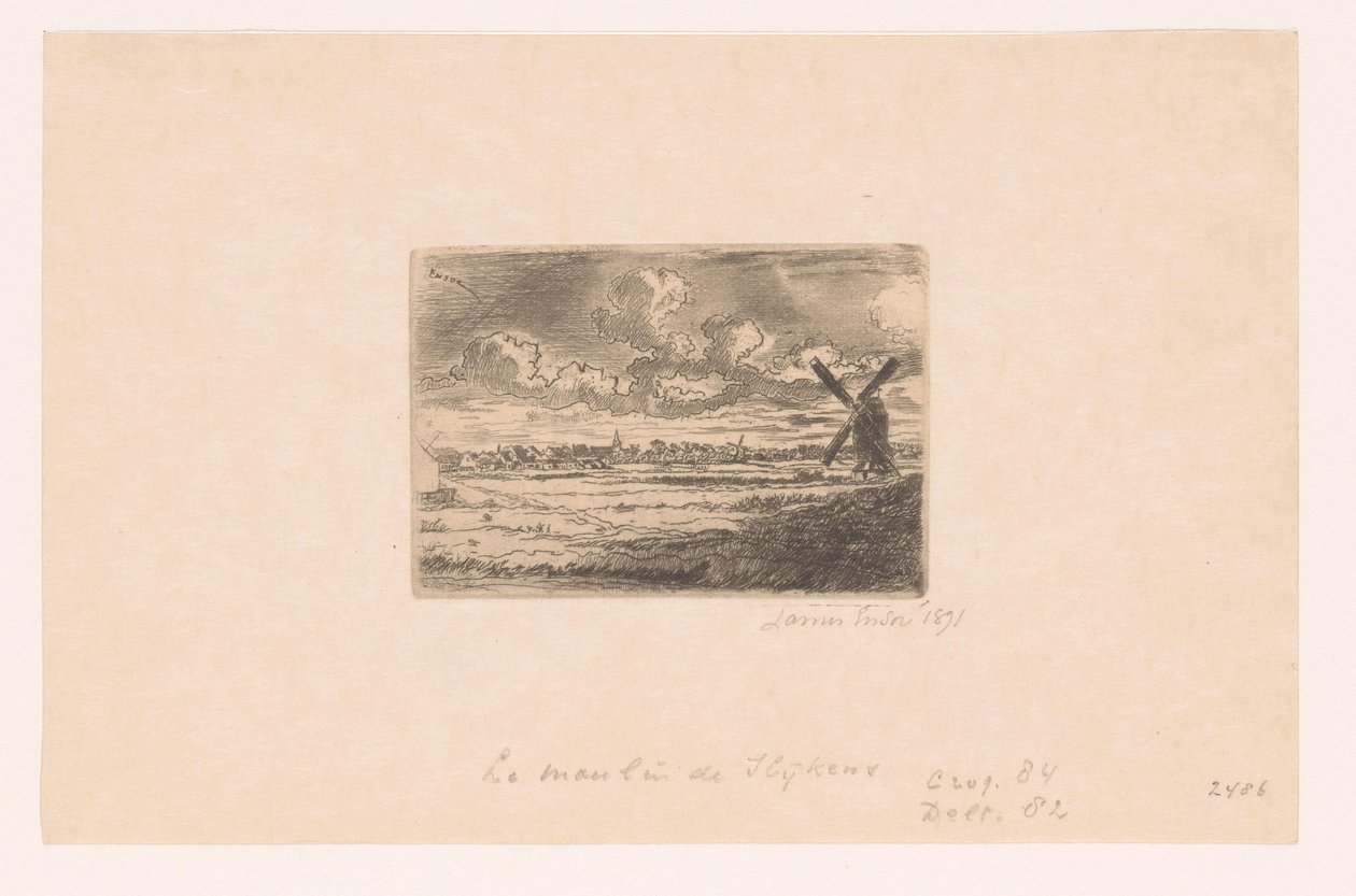 Näkymä Slijkensiin ja mylly etualalla Moulin ja Slijkens tekijältä James Ensor