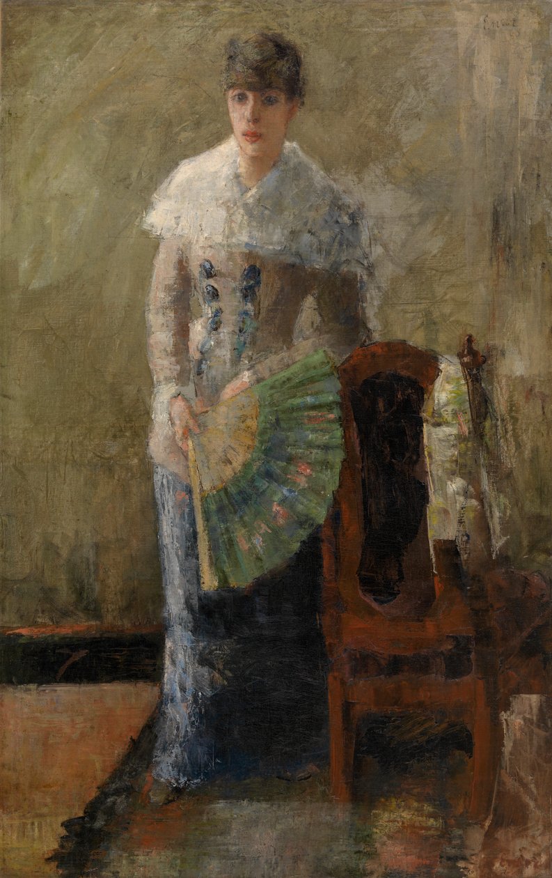 Nainen tuulettimella (öljy kankaalle, asennettu paneeliin) tekijältä James Ensor