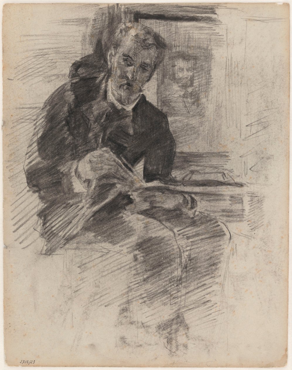 Lukeva mies (todellisuudessa: Willy Finch istumassa pöydän ääressä paletti ja siveltimet kädessään) tekijältä James Ensor