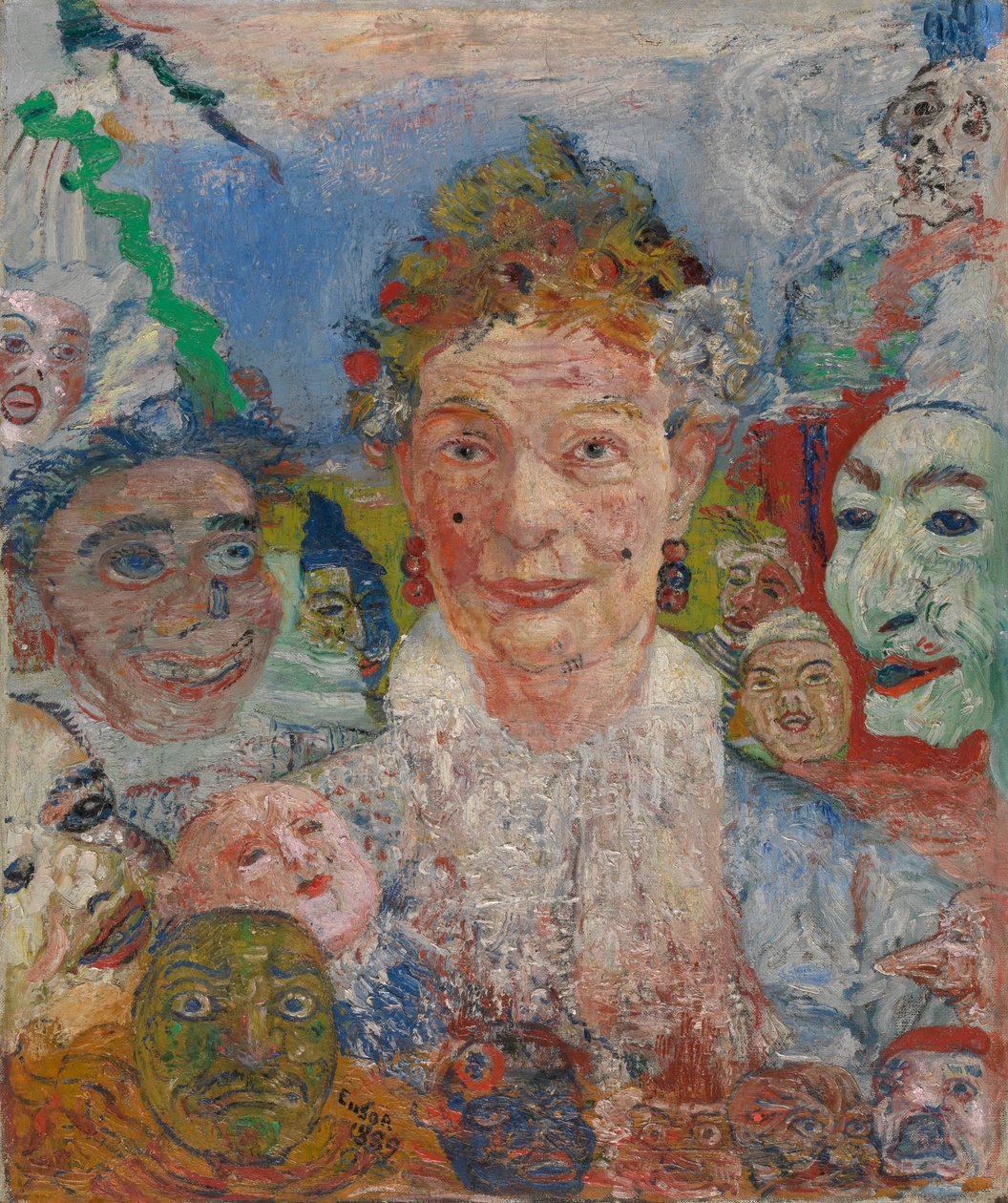 Vanha nainen naamioiden kanssa tekijältä James Ensor