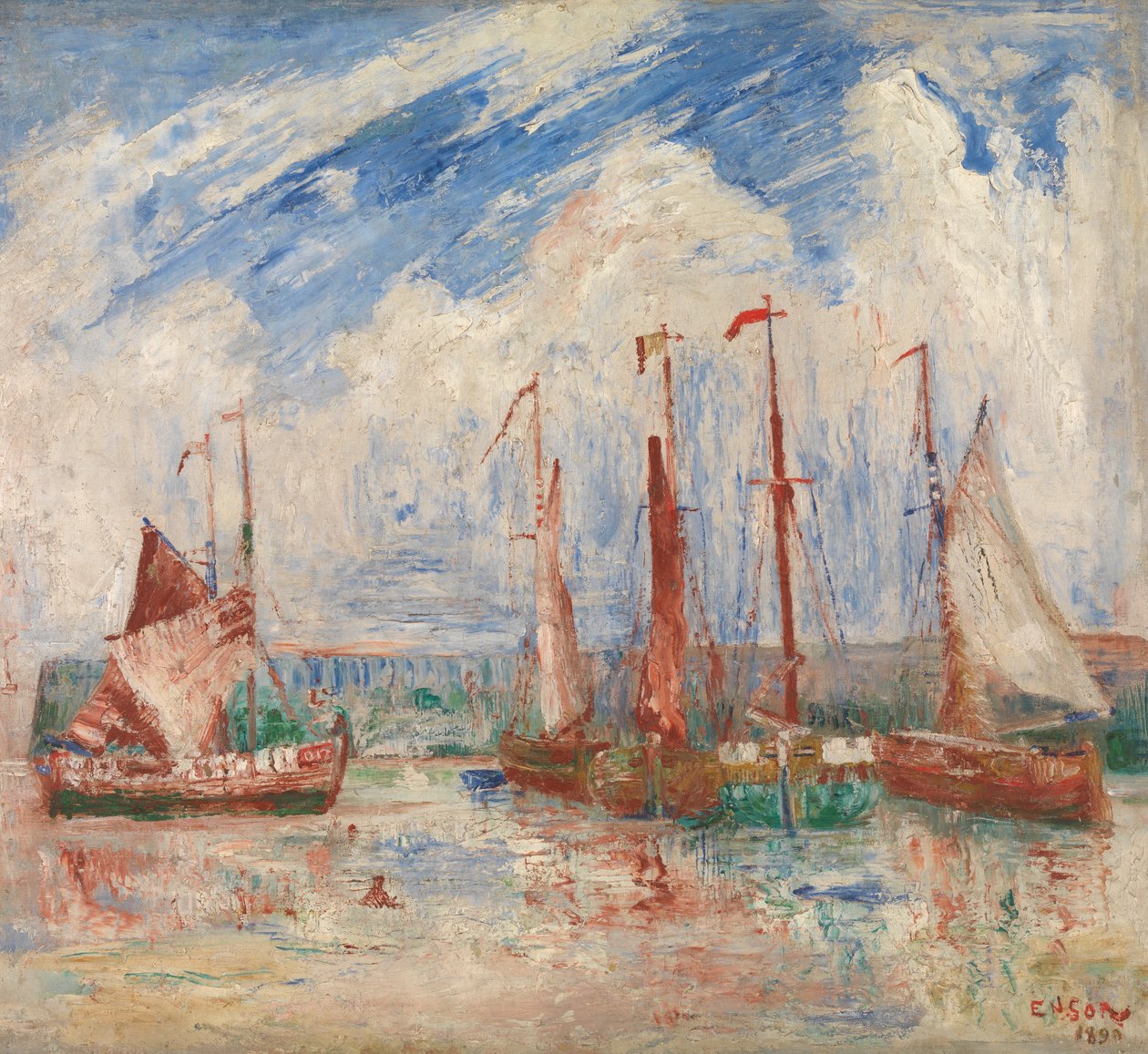 Ostend Harbour, n. 1900-04 (öljy kankaalle) tekijältä James Ensor