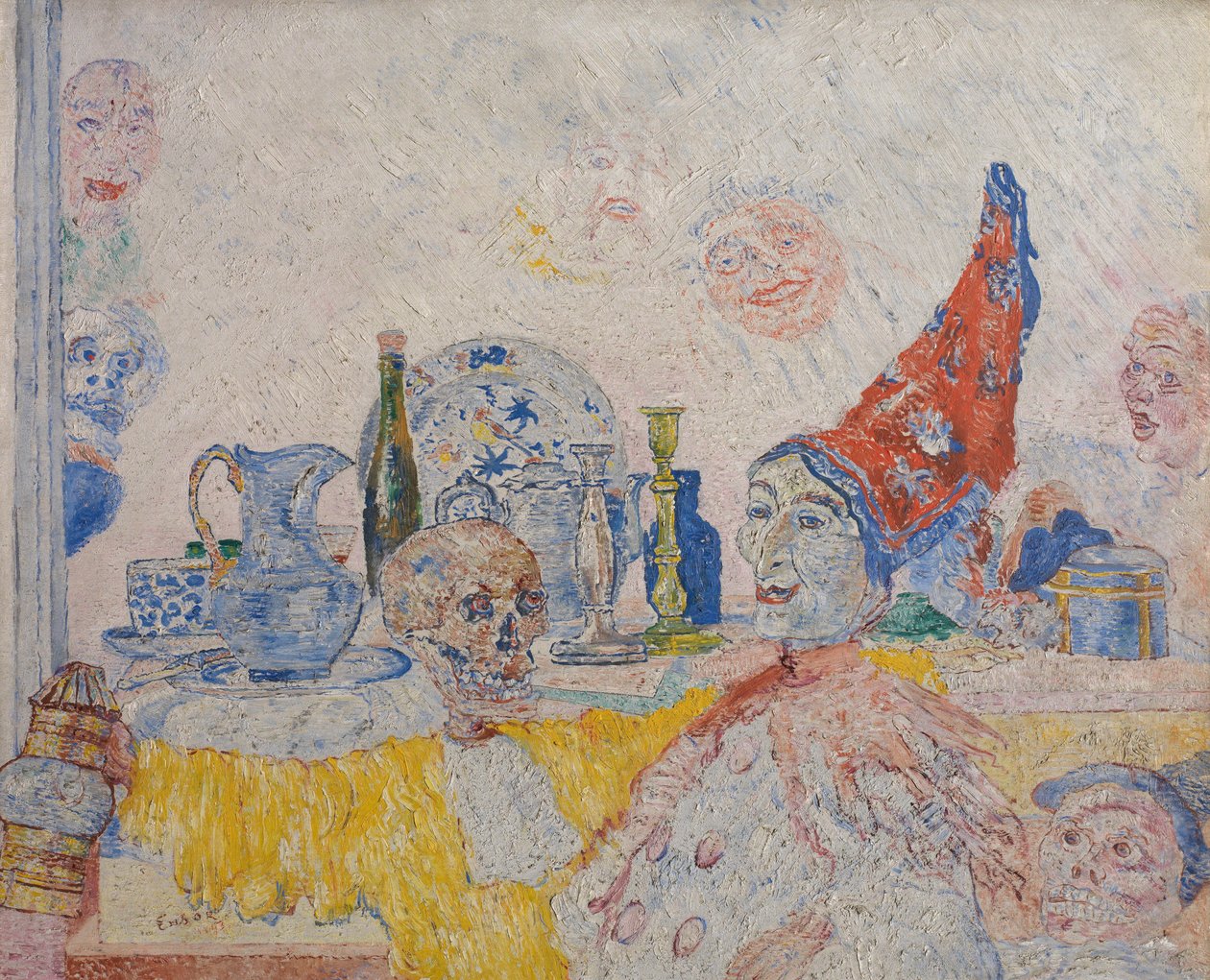 Pierrot ja luuranko keltaisessa toogassa tekijältä James Ensor