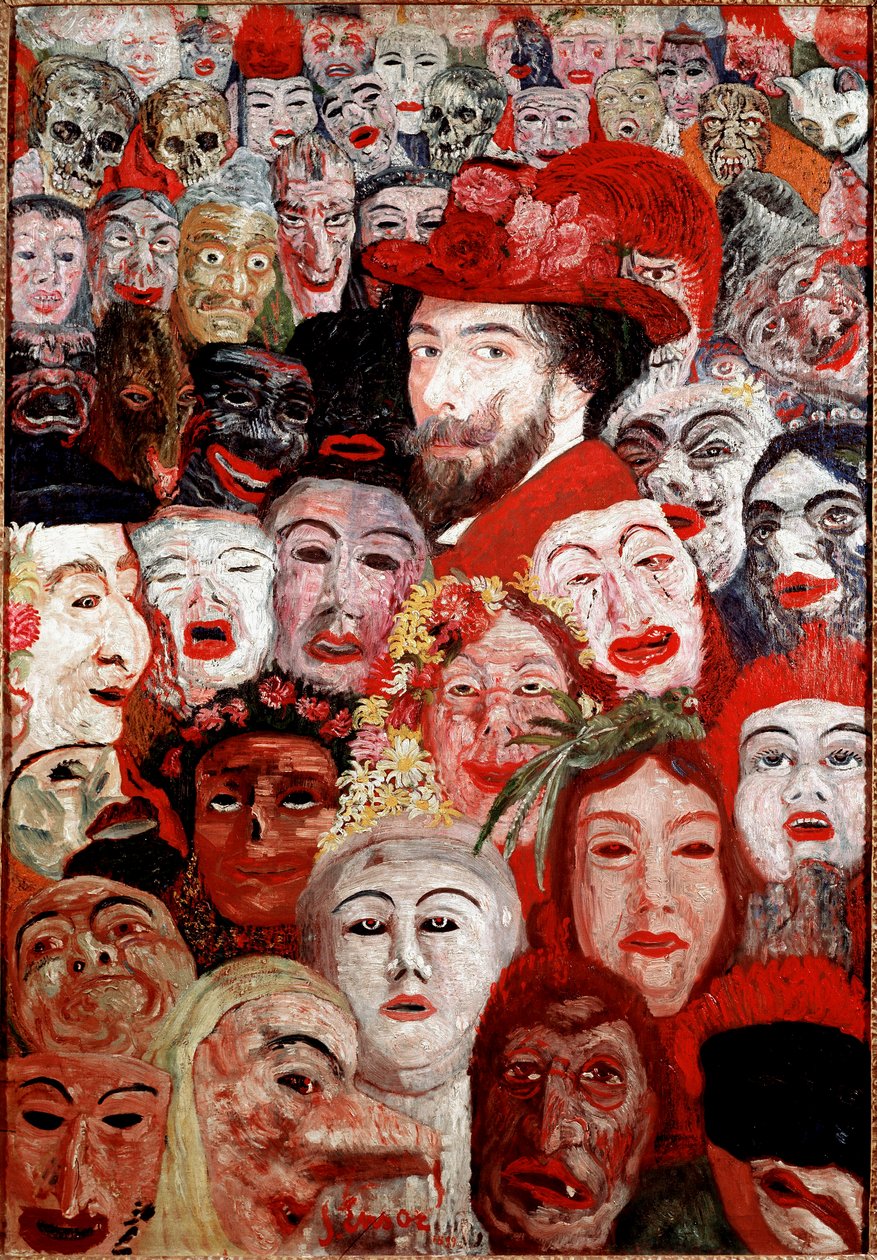 Omakuva naamioiden ympäröimänä James Ensorin (1860-1949) maalaus 1899 Dim. 120x180 cm Yksityiskokoelma tekijältä James Ensor