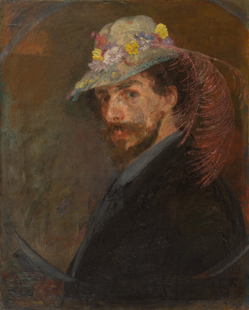 Omakuva kukkakuvioisessa hatussa tekijältä James Ensor