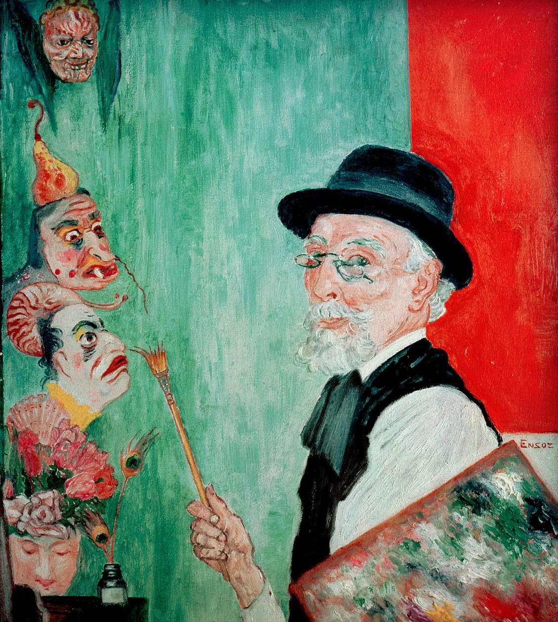 Omakuva naamareilla. 1936 (öljy paneelissa) tekijältä James Ensor