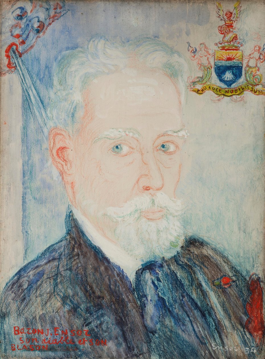 Paroni James Ensorin omakuva, hänen paholaisensa ja vaakunansa. tekijältä James Ensor