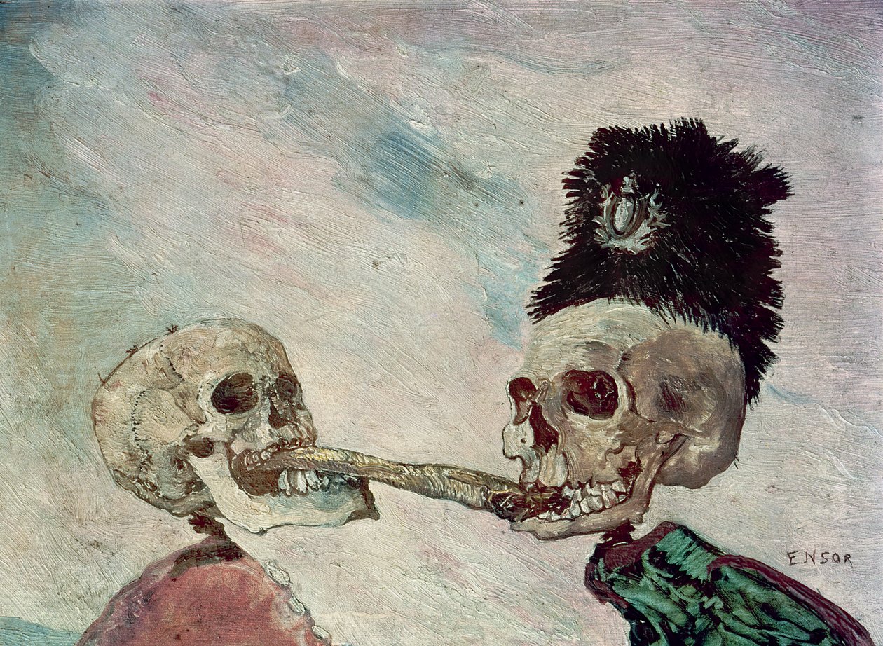 Luurangot taistelevat silakasta (öljy paneelissa) tekijältä James Ensor
