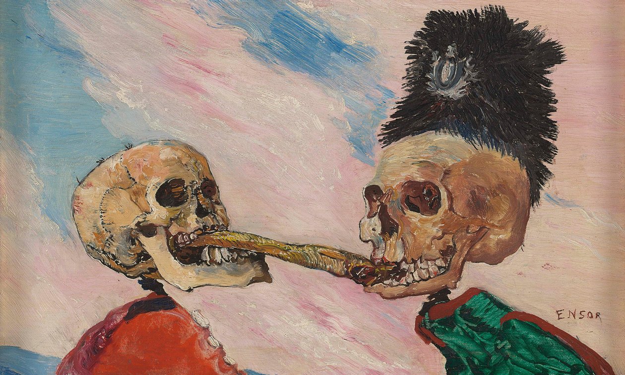 Luurangot taistelevat marinoidusta silakasta, 1891. tekijältä James Ensor