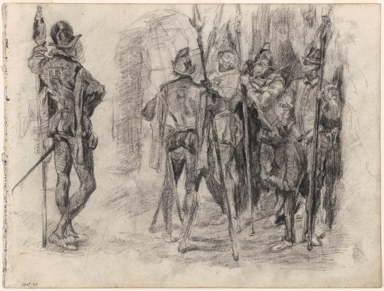 Hahmoluonnoksia ja viisi espanjalaista sotilasta keihäineen tekijältä James Ensor
