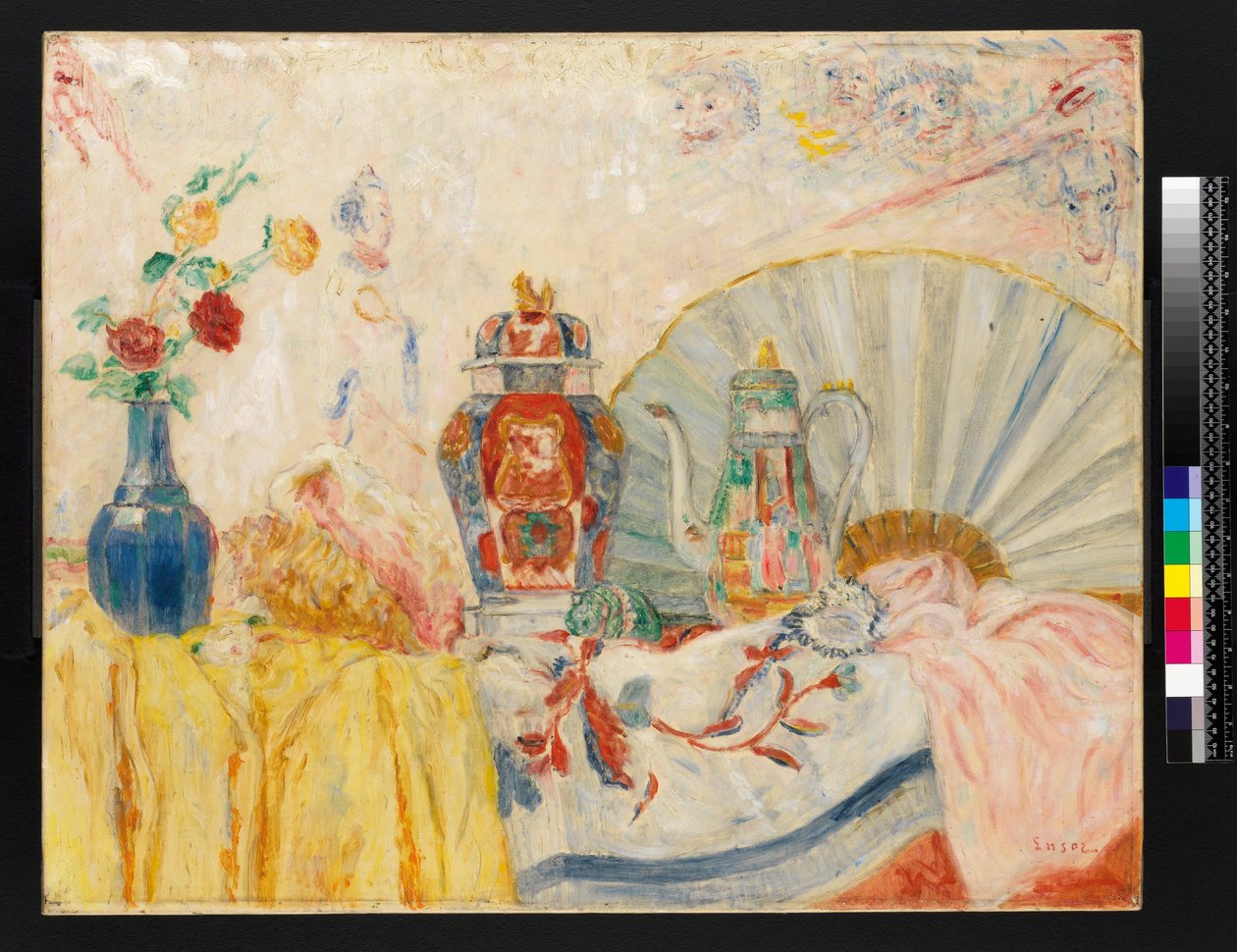 Asetelma kiinalaisen keramiikan kanssa tekijältä James Ensor