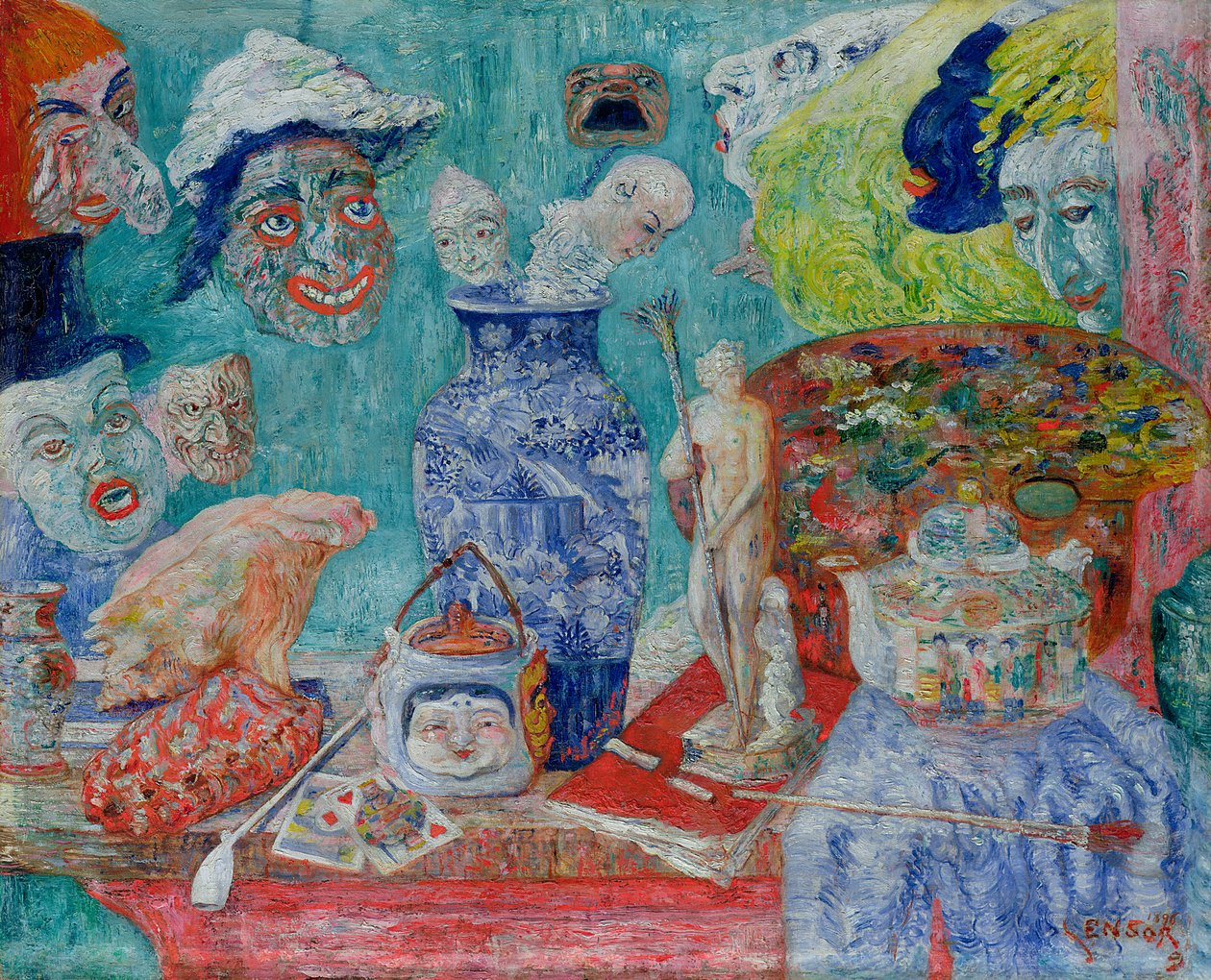 Asetelma naamioiden kanssa (Bric-a-Brac) 1896 (öljy kankaalle) tekijältä James Ensor