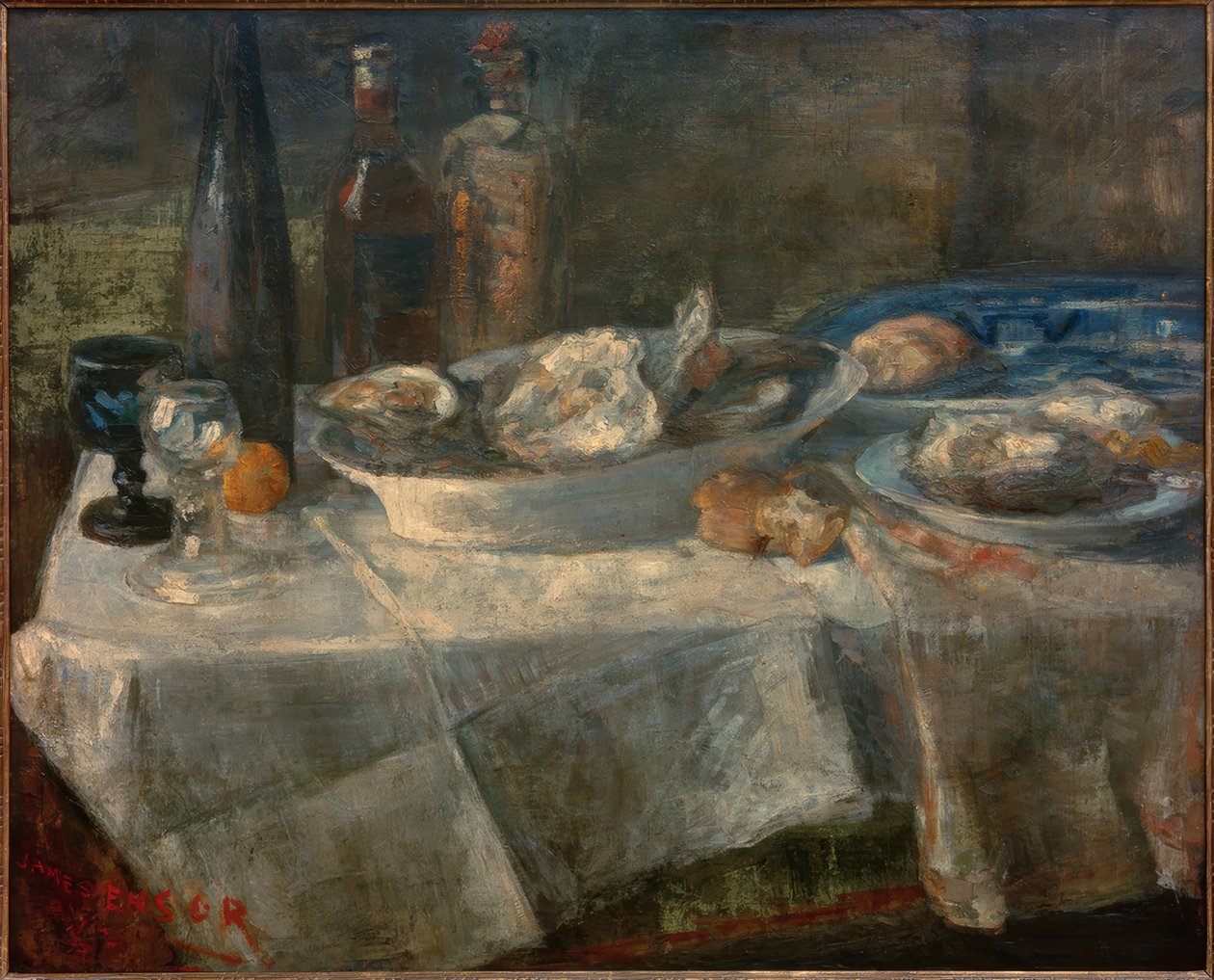 Asetelma ostereiden kanssa tekijältä James Sidney Ensor