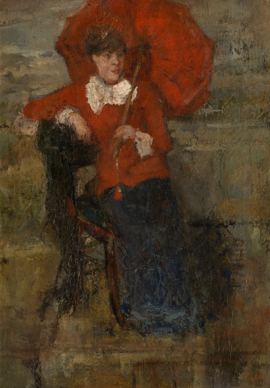 Nainen punaisella päivänvarjolla (öljy kankaalle) tekijältä James Ensor