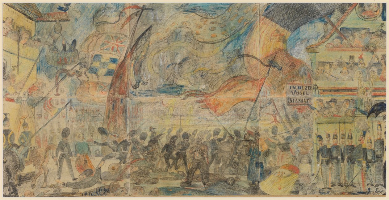 Lakkotoiminta (liitu, lyijykynä ja pastelli paperille, kiinnitetty kartongille) tekijältä James Ensor