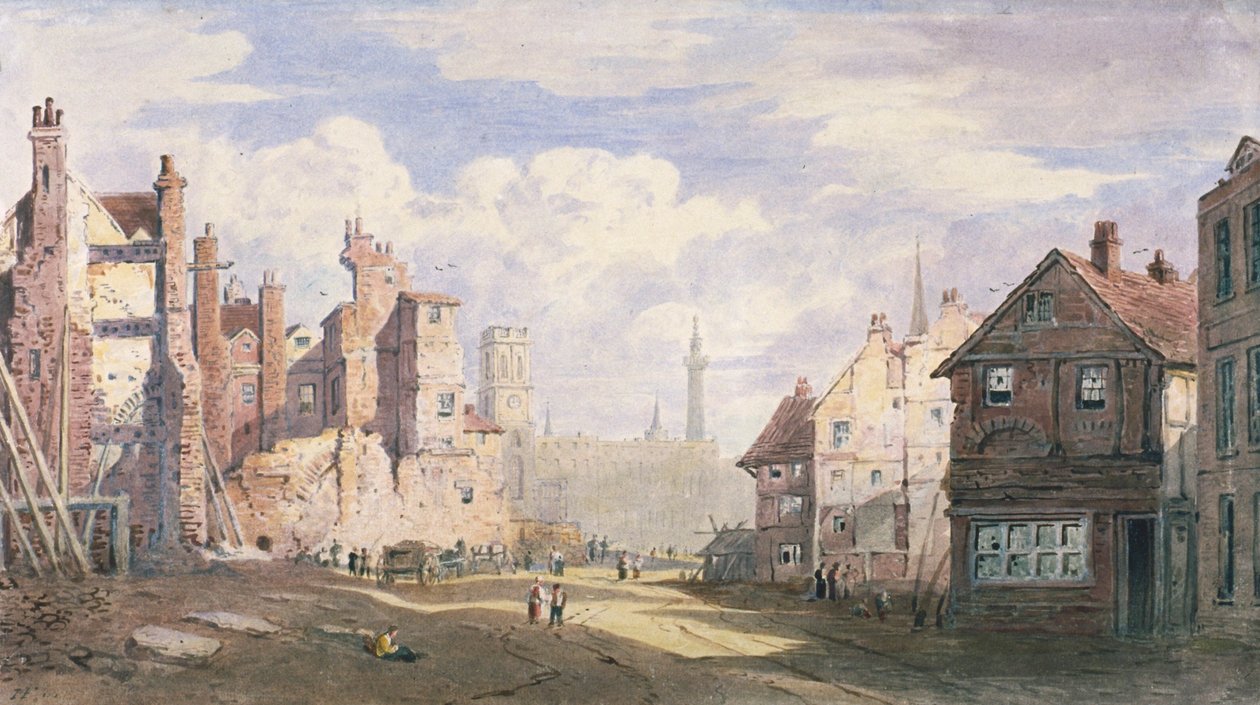 Vanhojen talojen purku lähellä Walbrookia King William Streetin tieltä Lontoon Cityssä, 1834 tekijältä James Fahey